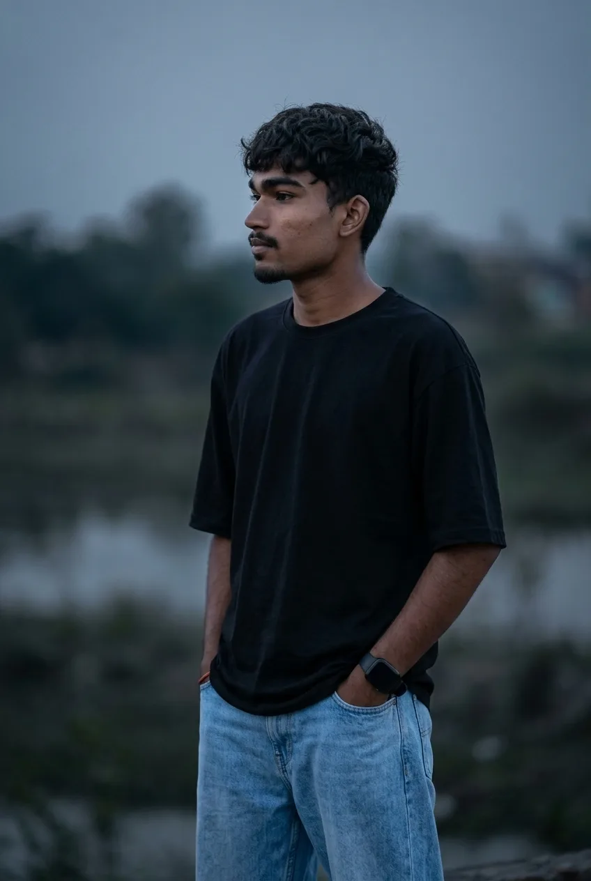 Moody Low-Key Portrait of Young Man in Black Oversized T-Shirt
