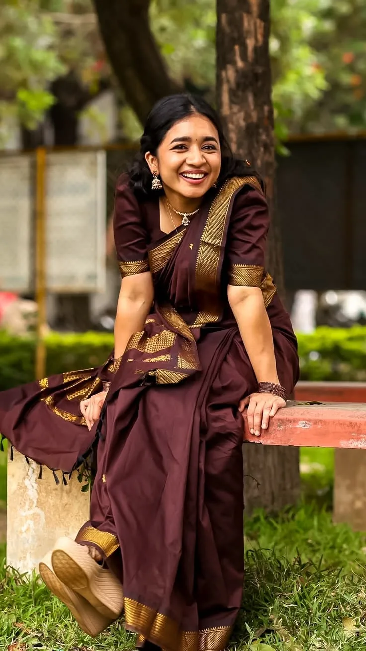 Traditional Golden Zari Silk Saree Portrait, Radiant Ethnic Beauty in Maroon Silk Saree, Joyful South Indian Saree Park