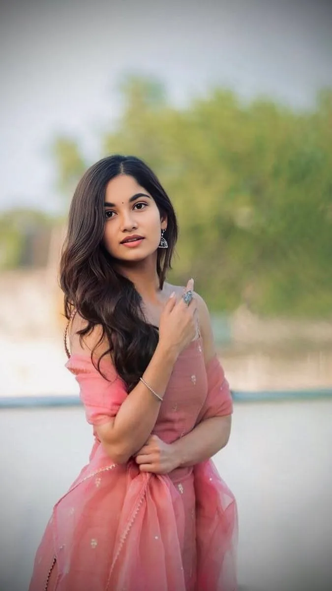 Candid Outdoor Portrait of Young Woman in Peach Ethnic Dress