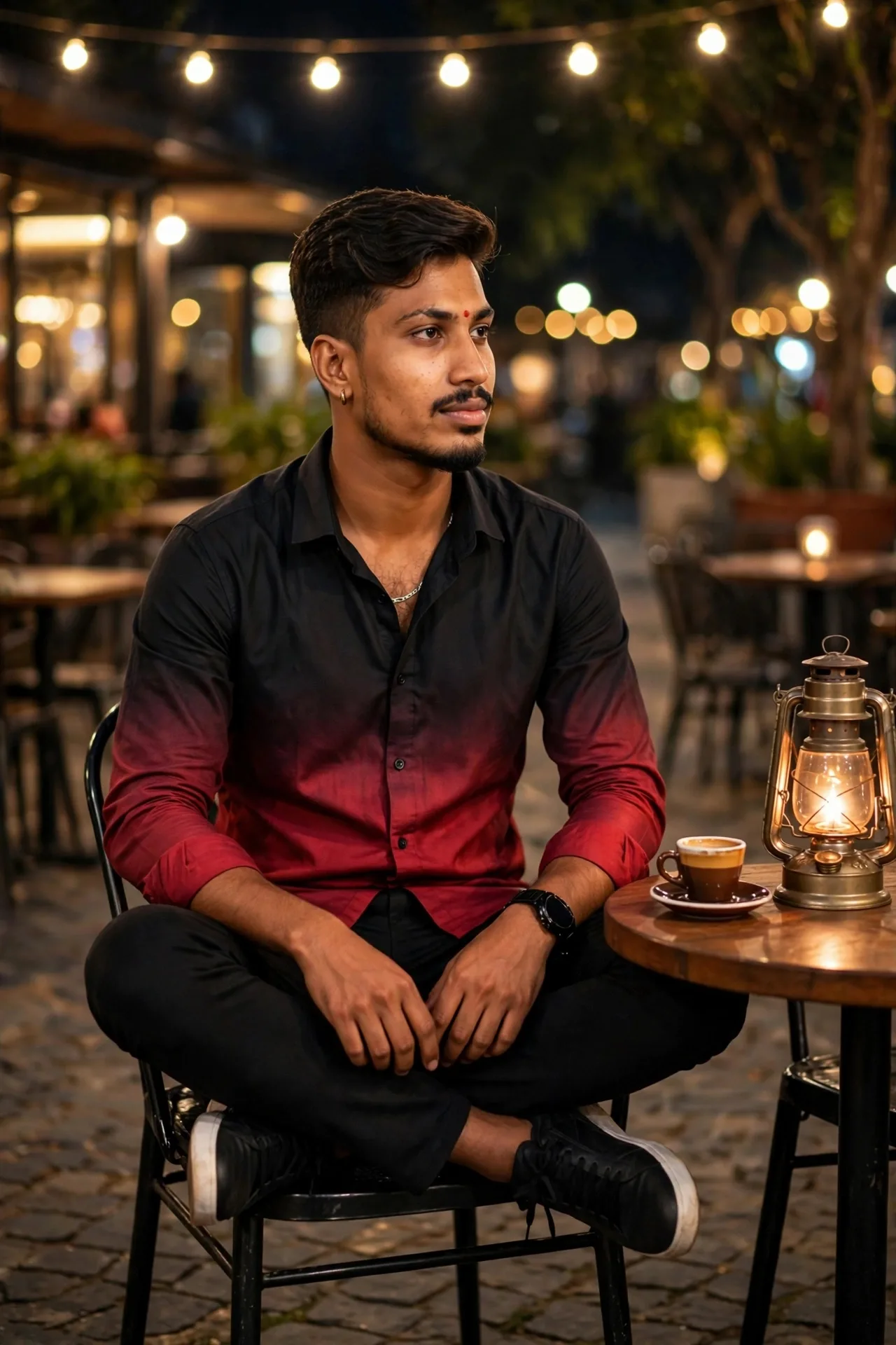 Here's your full-length night cafe shot — exact identity locked