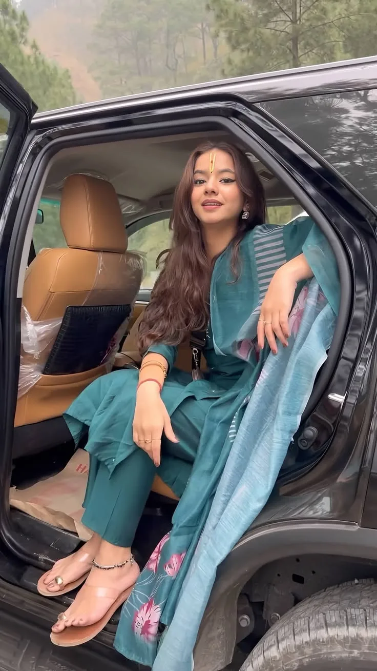 Elegant Teal Saree Portrait by the Car