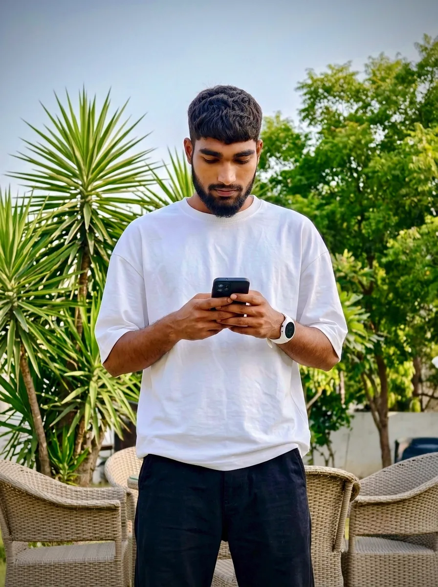 Candid Garden Portrait of Young Man Using Smartphone