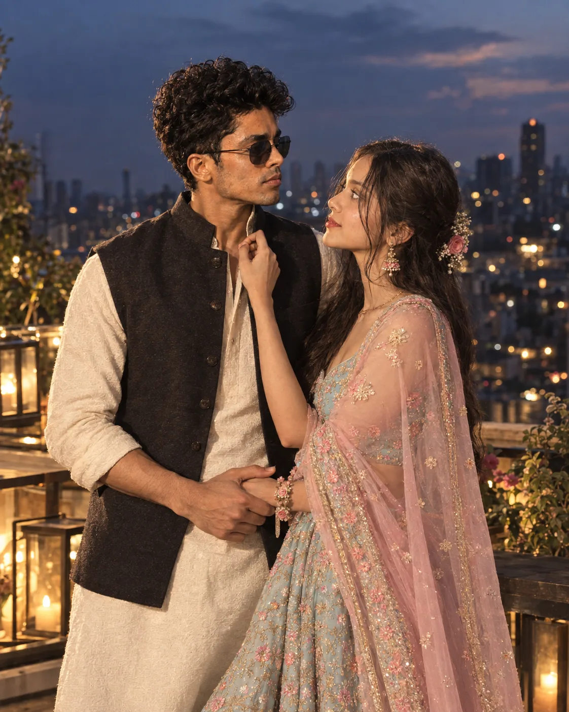 South Asian couple standing a luxury balcony