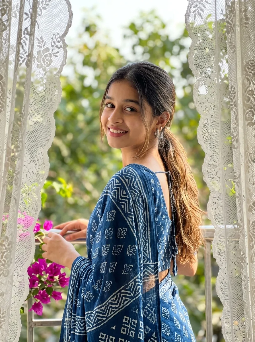 Indigo Batik Print Saree Portrait Framed by Lace Curtains & Bougainvillea Prompt