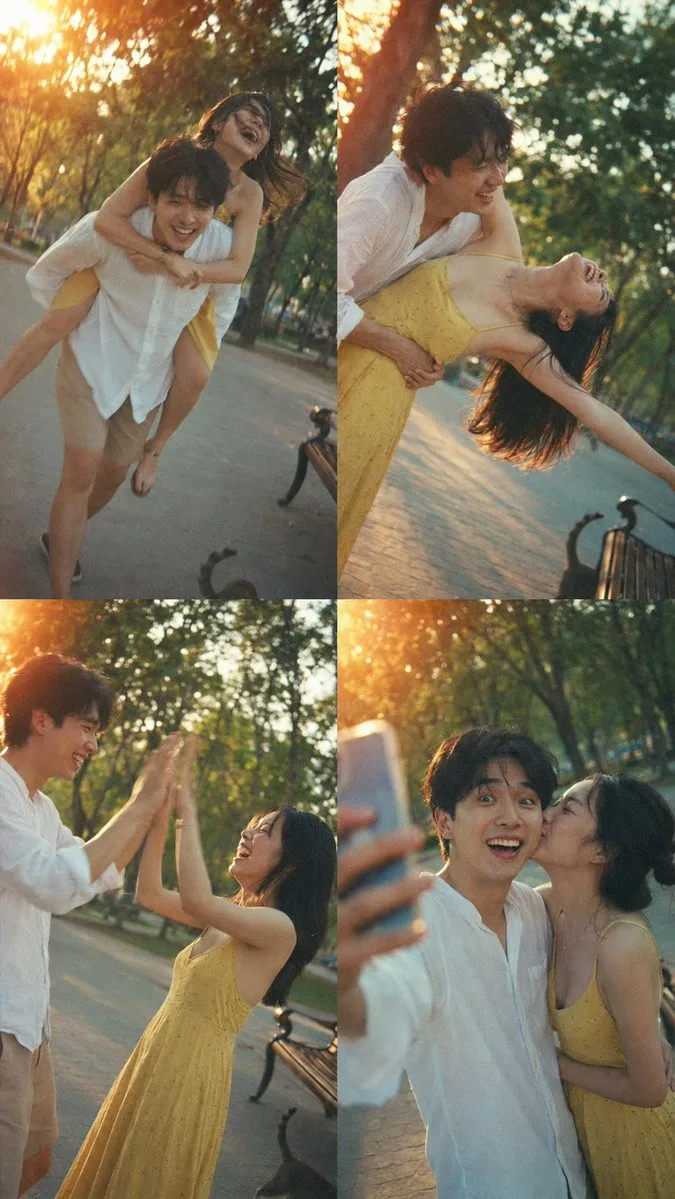 Golden Hour Park Romance 4-Grid Couple Collage Prompt