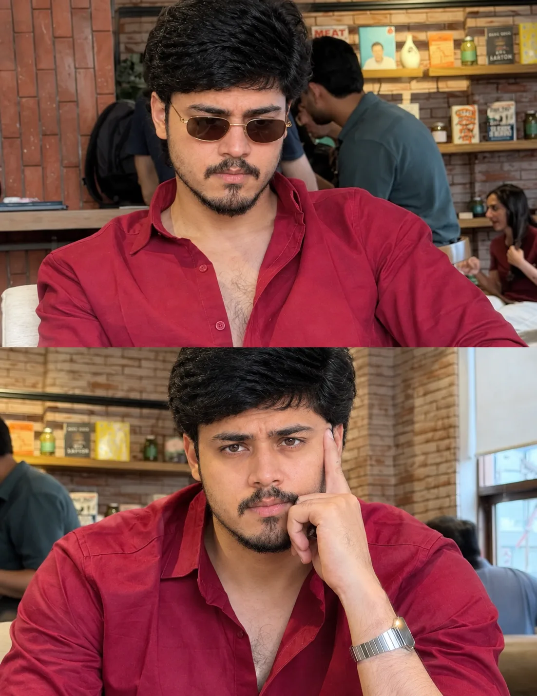 Realistic Café Portrait – Maroon Shirt & Sunglasses
