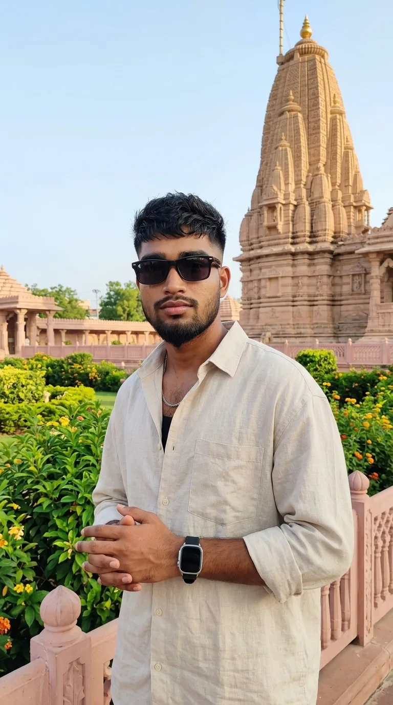 Candid Temple Garden Portrait of a Young Indian Man