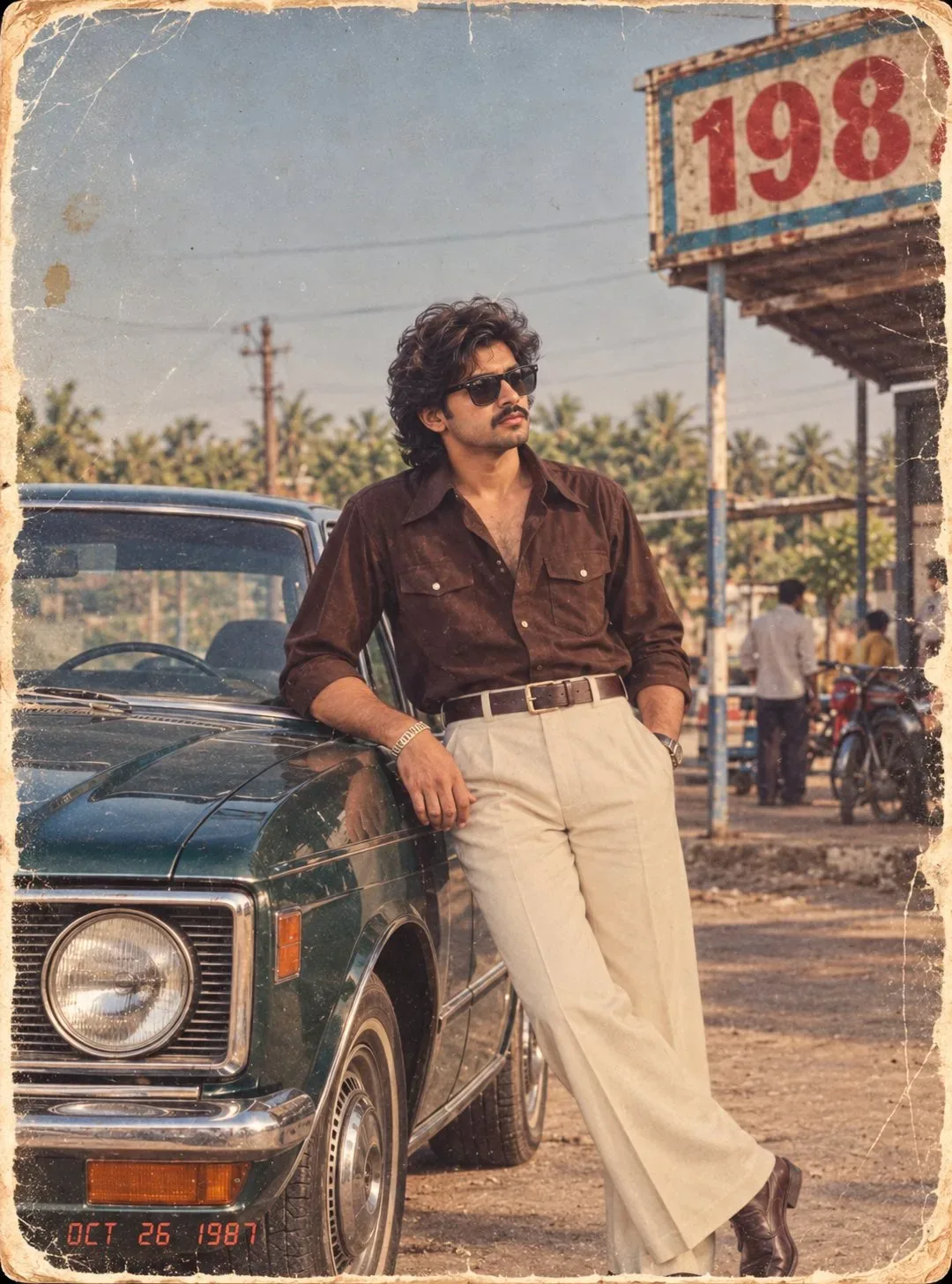 Vintage 1980s Retro Male Portrait Leaning on Classic Green Car at Gas Station Prompt
