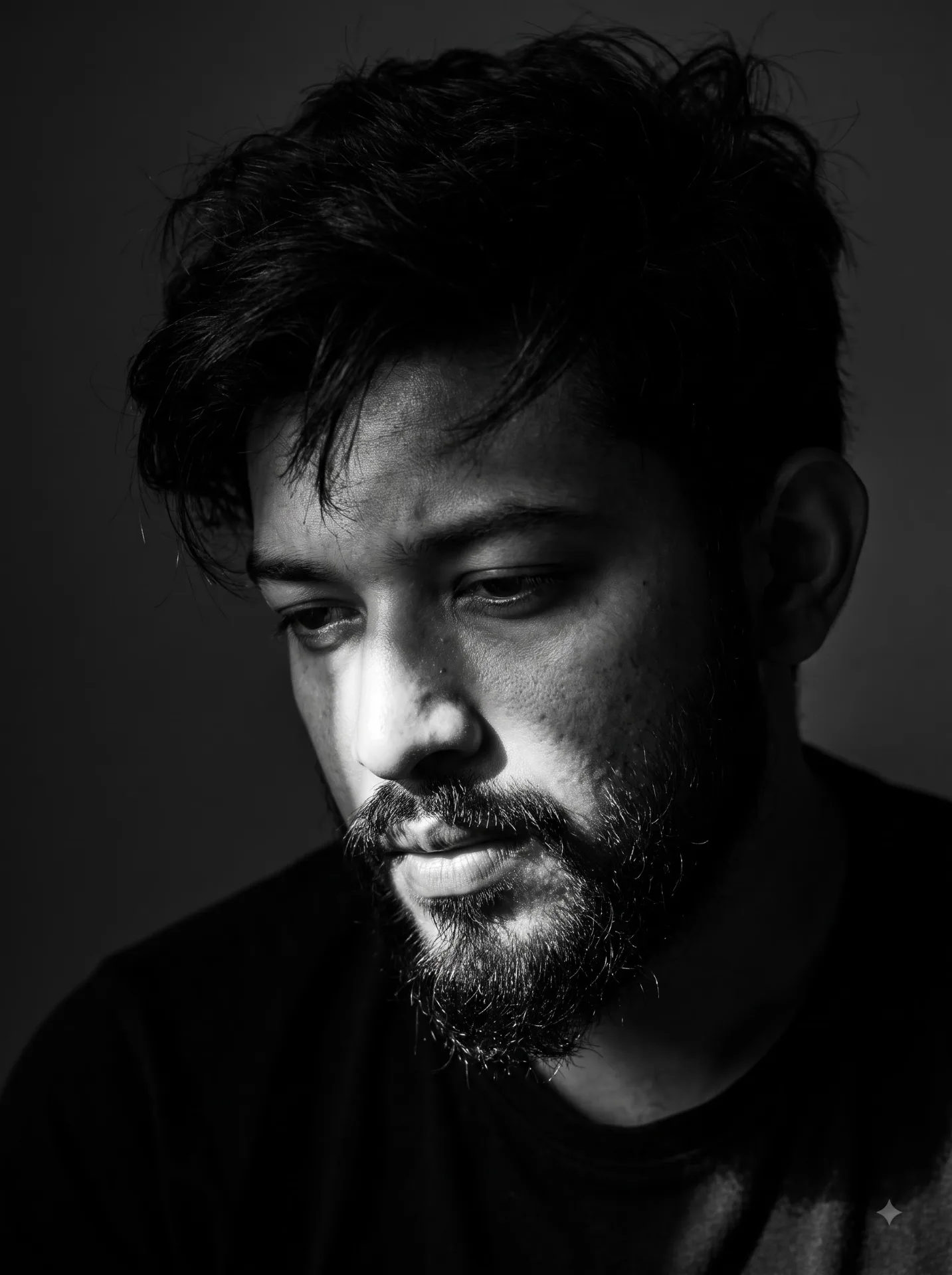 Close-up black and white portrait of a man