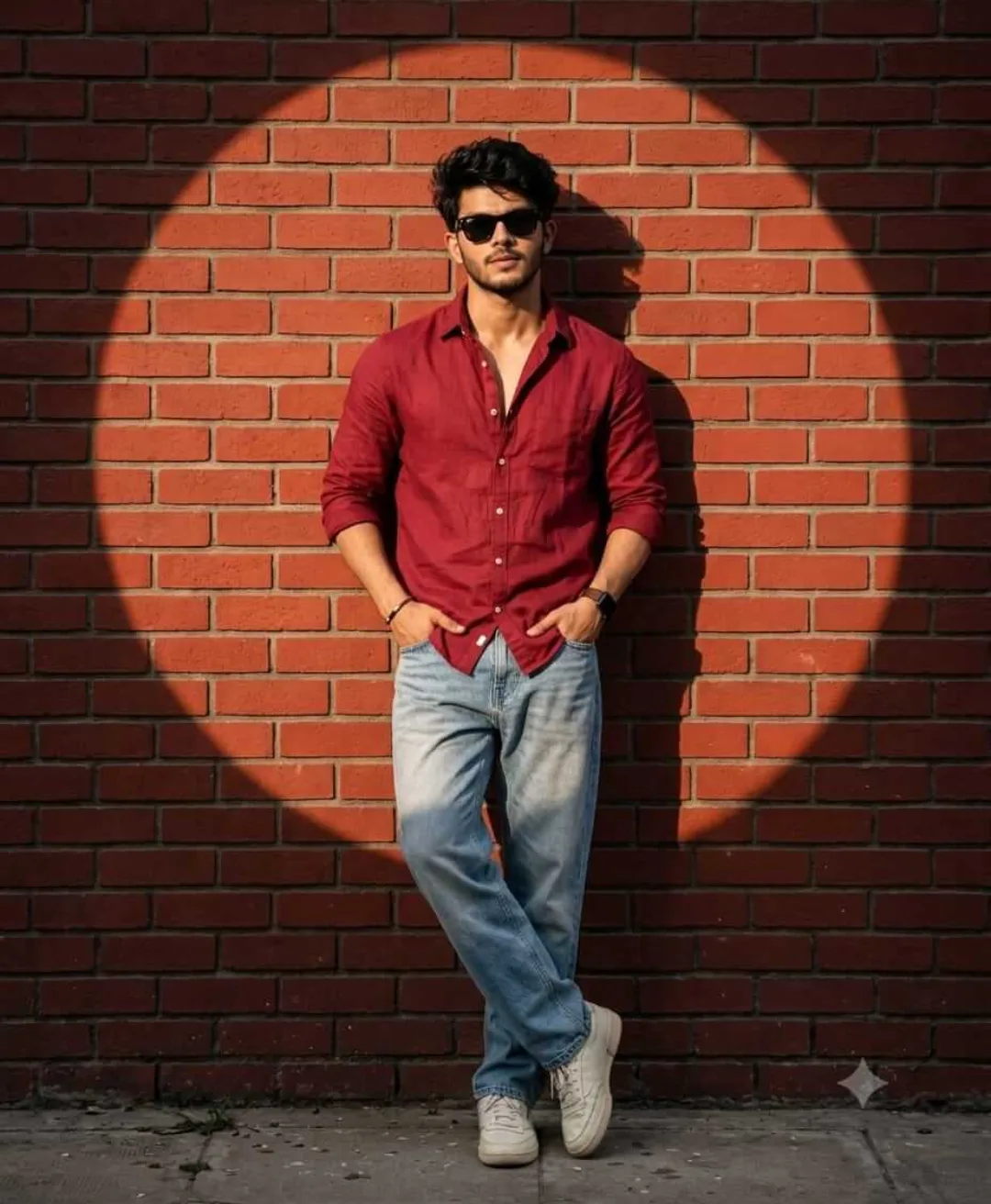 Cinematic Crimson Streetwear Editorial Portrait with Circular Spotlight and Brick Wall Vibe