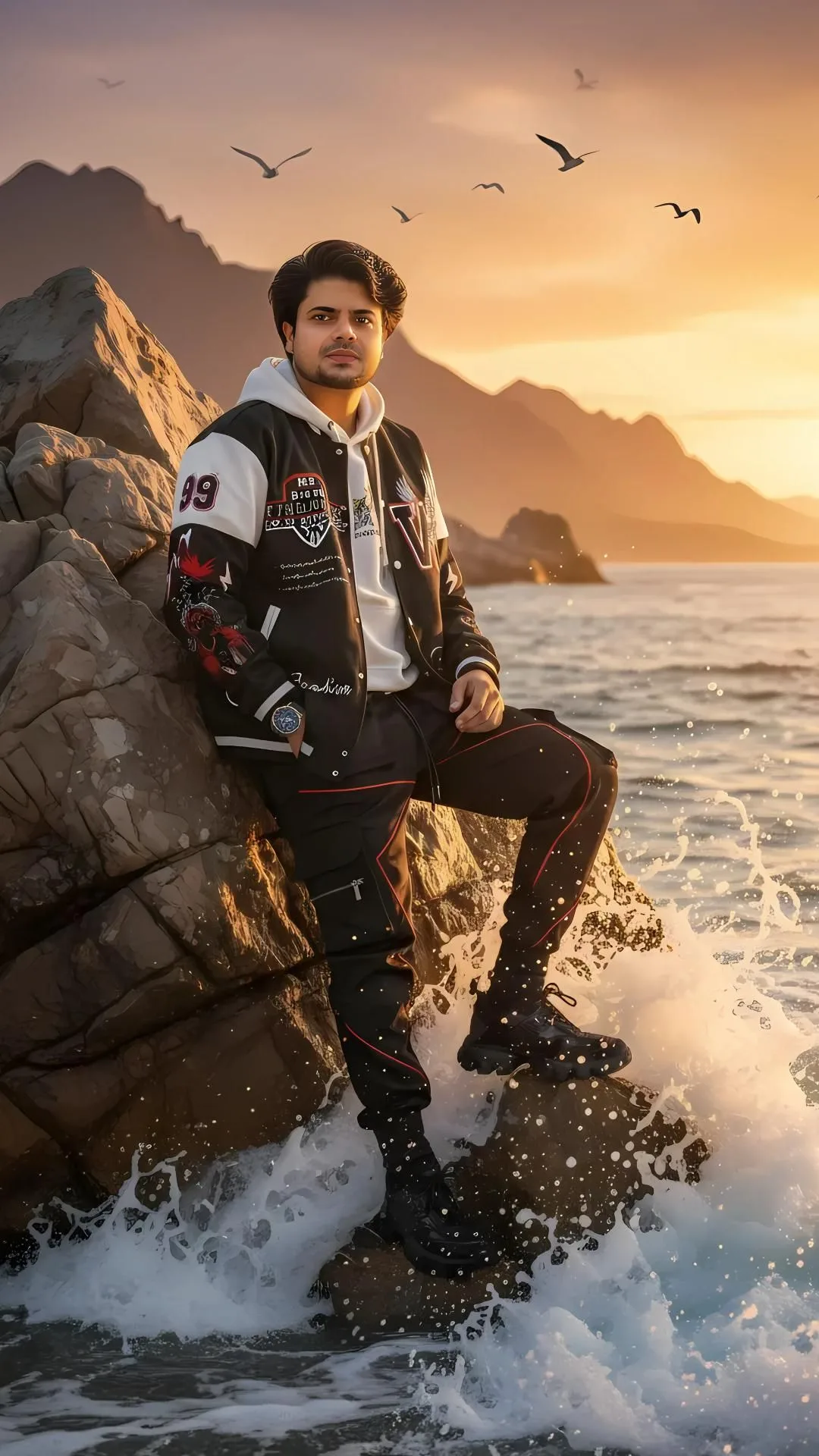 Golden Hour Coastal Rock Varsity Outfit Portrait