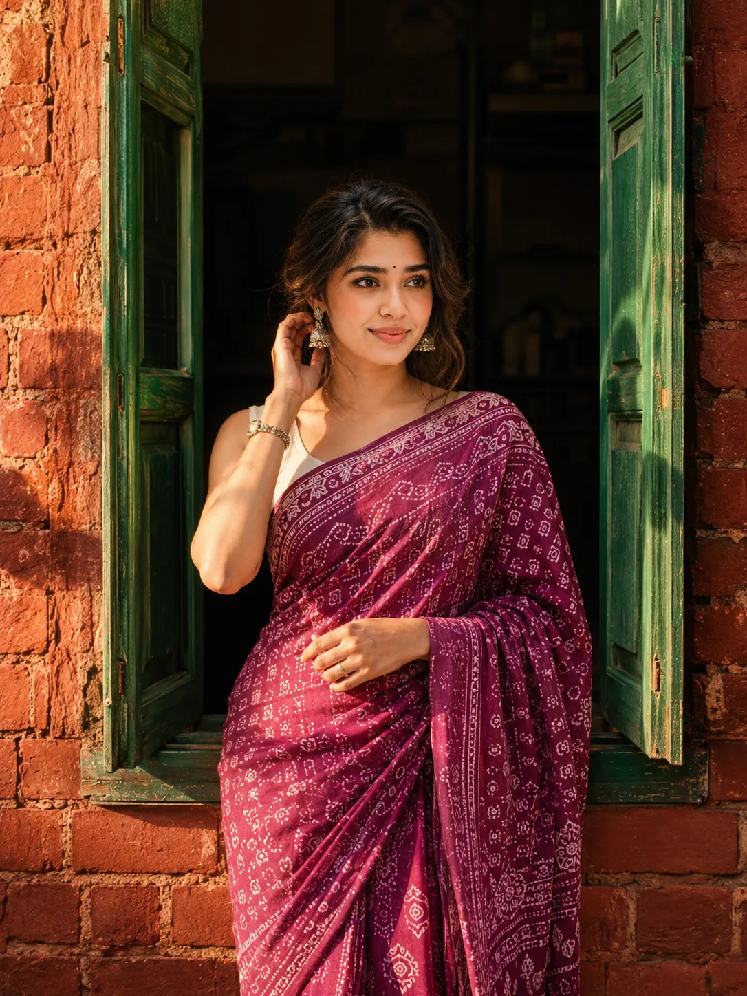 cinematic portrait of indian woman at vintage green window