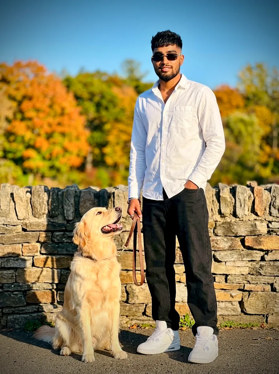 Golden Hour Outdoor Male Lifestyle Portrait with Golden Retriever Dog Prompt