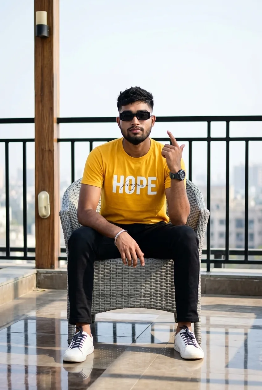 Rooftop Terrace Male Portrait Seated on Grey Wicker Chair in Yellow Hope Tee Prompt