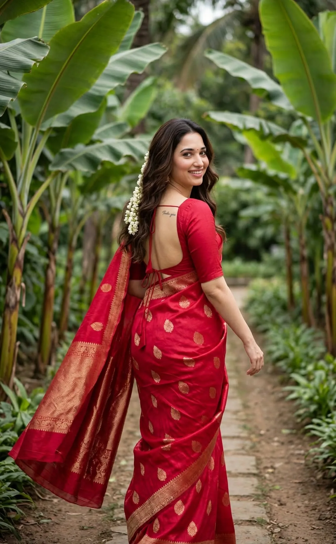 Red Saree Traditional Garden Portrait