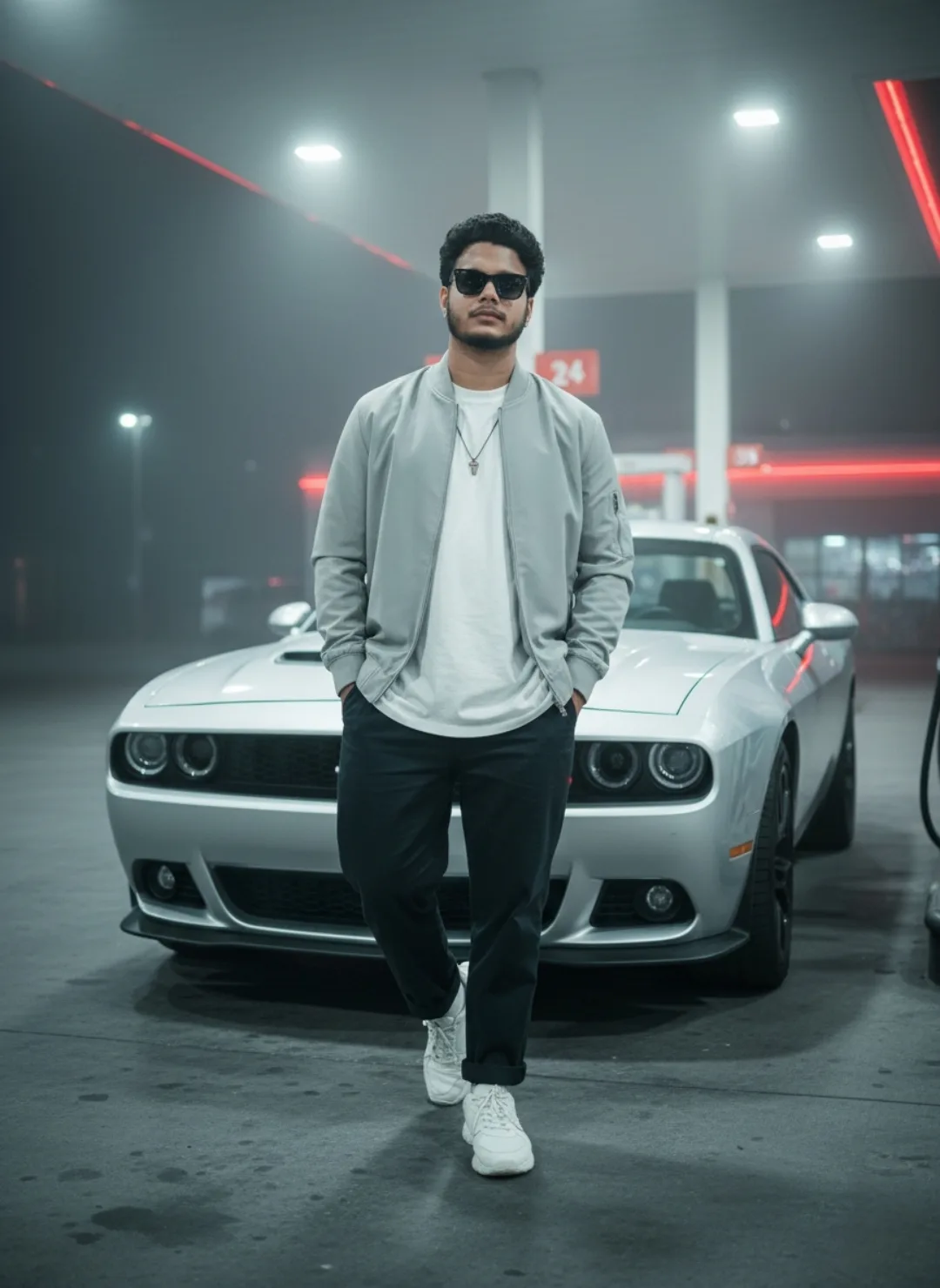 Nighttime Muscle Car Pose at Foggy Gas Station