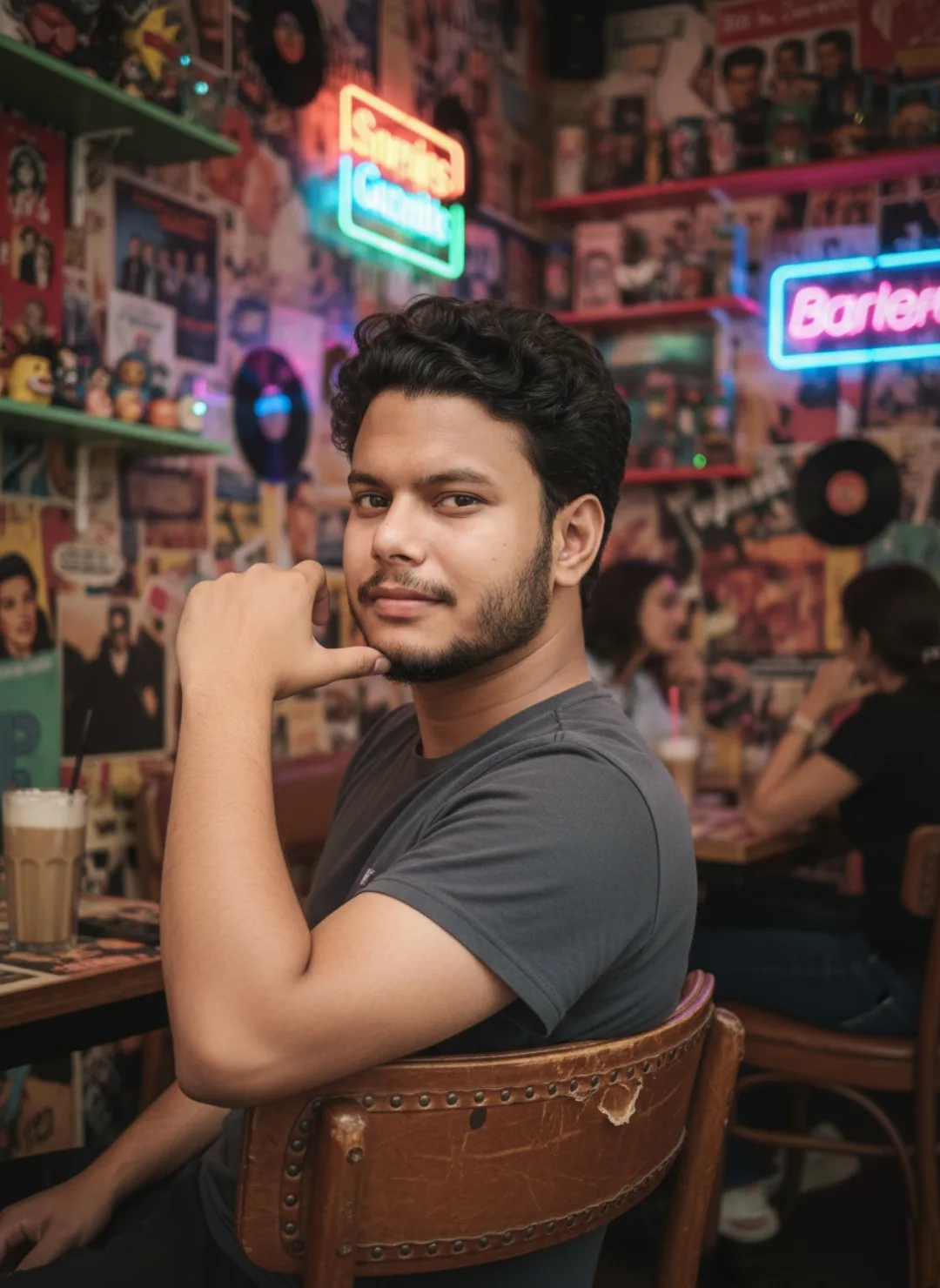Cafe Portrait with Neon Glow**