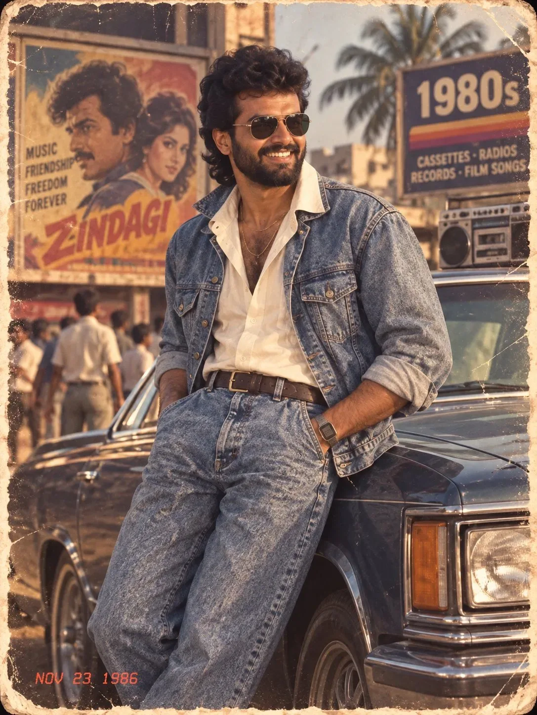 Vintage 1980s Retro Indian Male Portrait Leaning on Classic Sedan with Zindagi Billboard Prompt