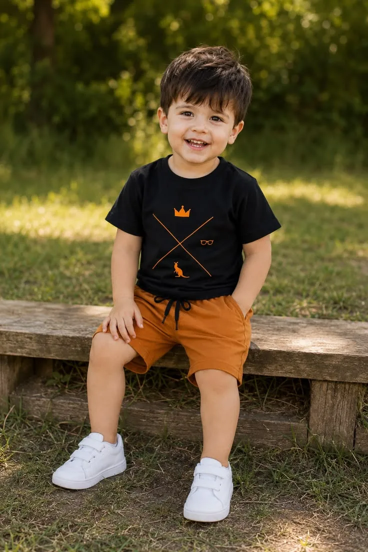 Cheerful Toddler Boy Sitting on Rustic Wooden Bench in Park Prompt