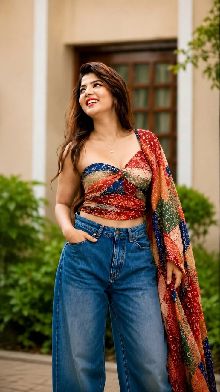 Candid Street-Style Portrait in Patchwork Crop Top and Wide-Leg Jeans