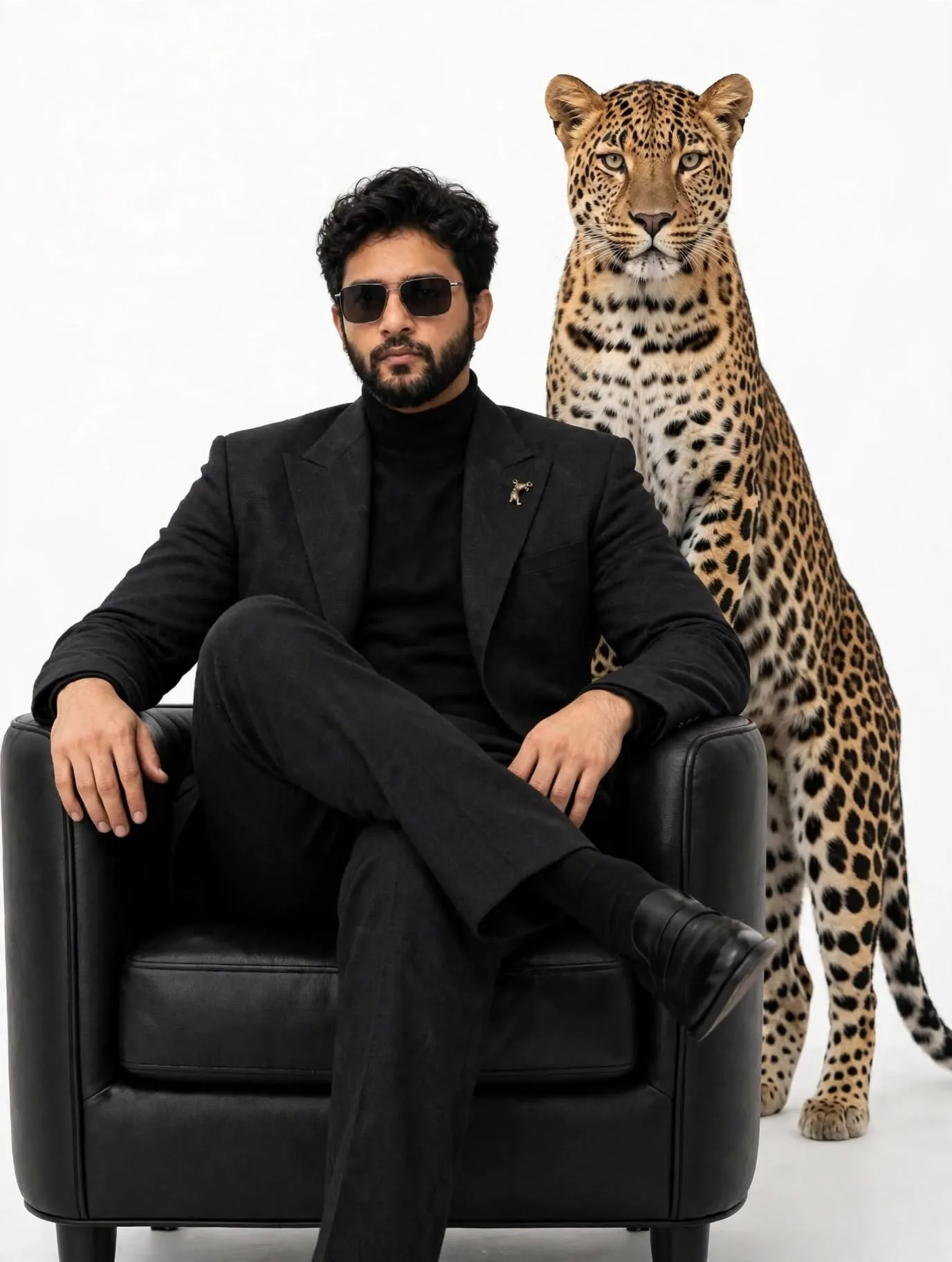 Luxury Black Suit Portrait with Leopard