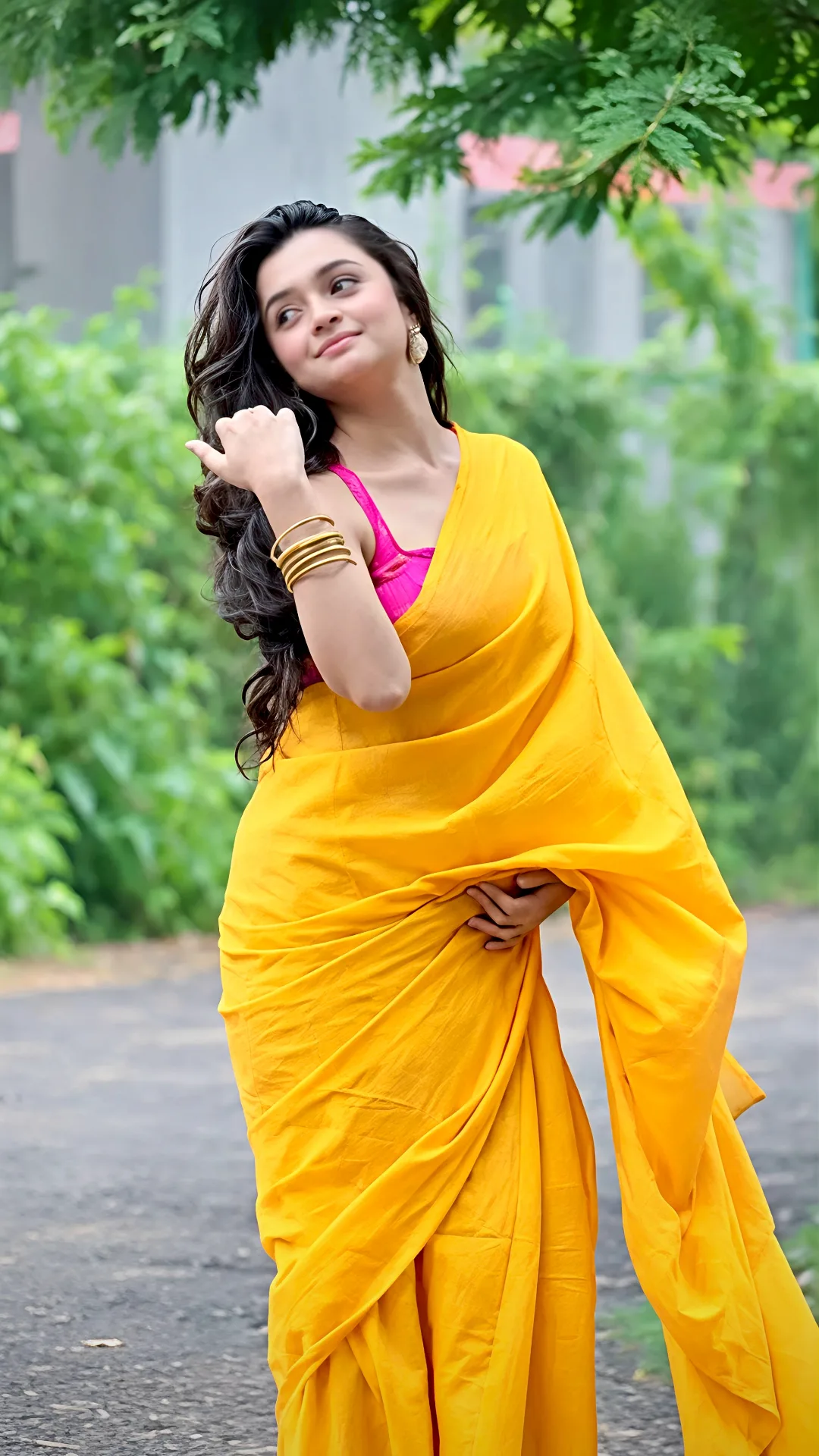 Candid Outdoor Portrait in Yellow Cotton Saree
