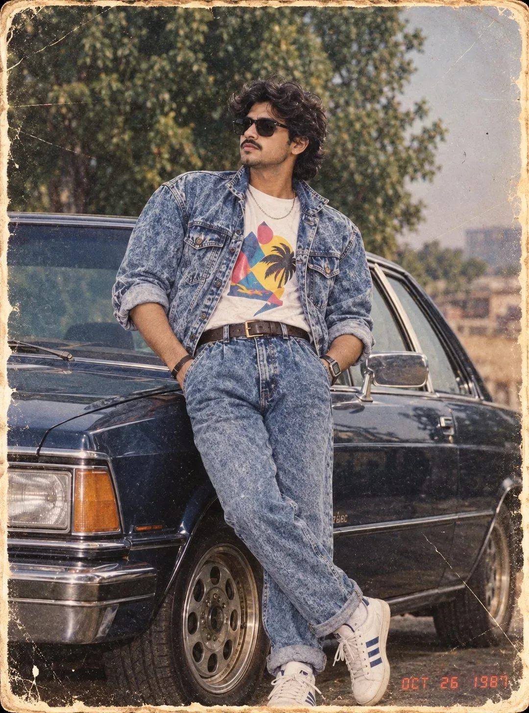 Vintage 1980s Retro Double-Denim Male Portrait Leaning on Classic Car Prompt