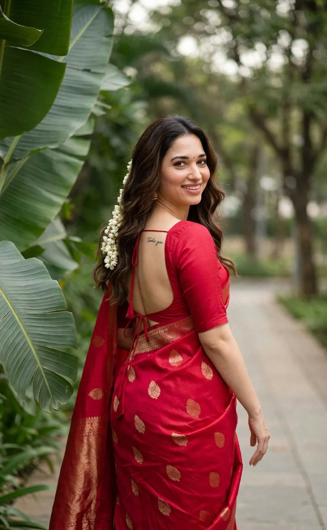 Red Saree Traditional Garden Portrait