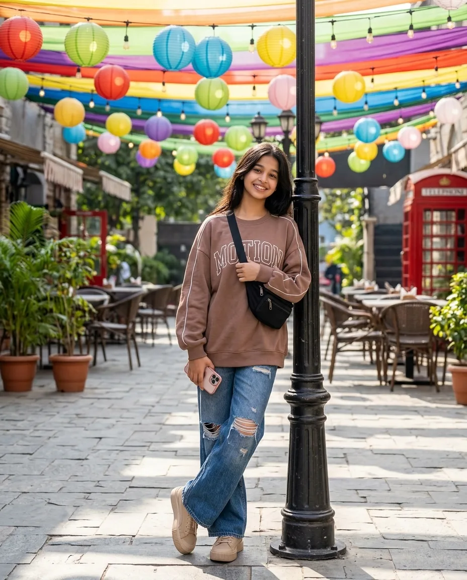 Street Cafe Male/Female Lifestyle Portrait Leaning on Vintage Lamp Post Prompt