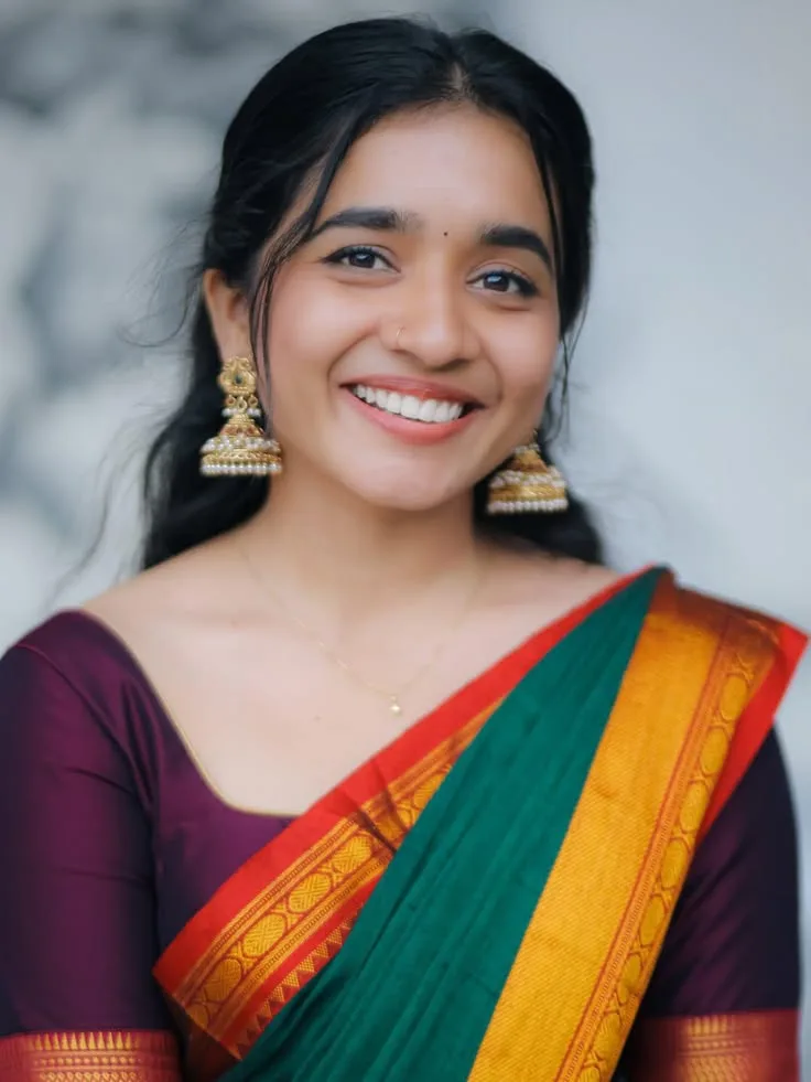 Radiant Ethnic Beauty in Silk Saree, Temple Jhumka Festive Elegance Portrait, Joyful Traditional Green and Wine Saree Ae