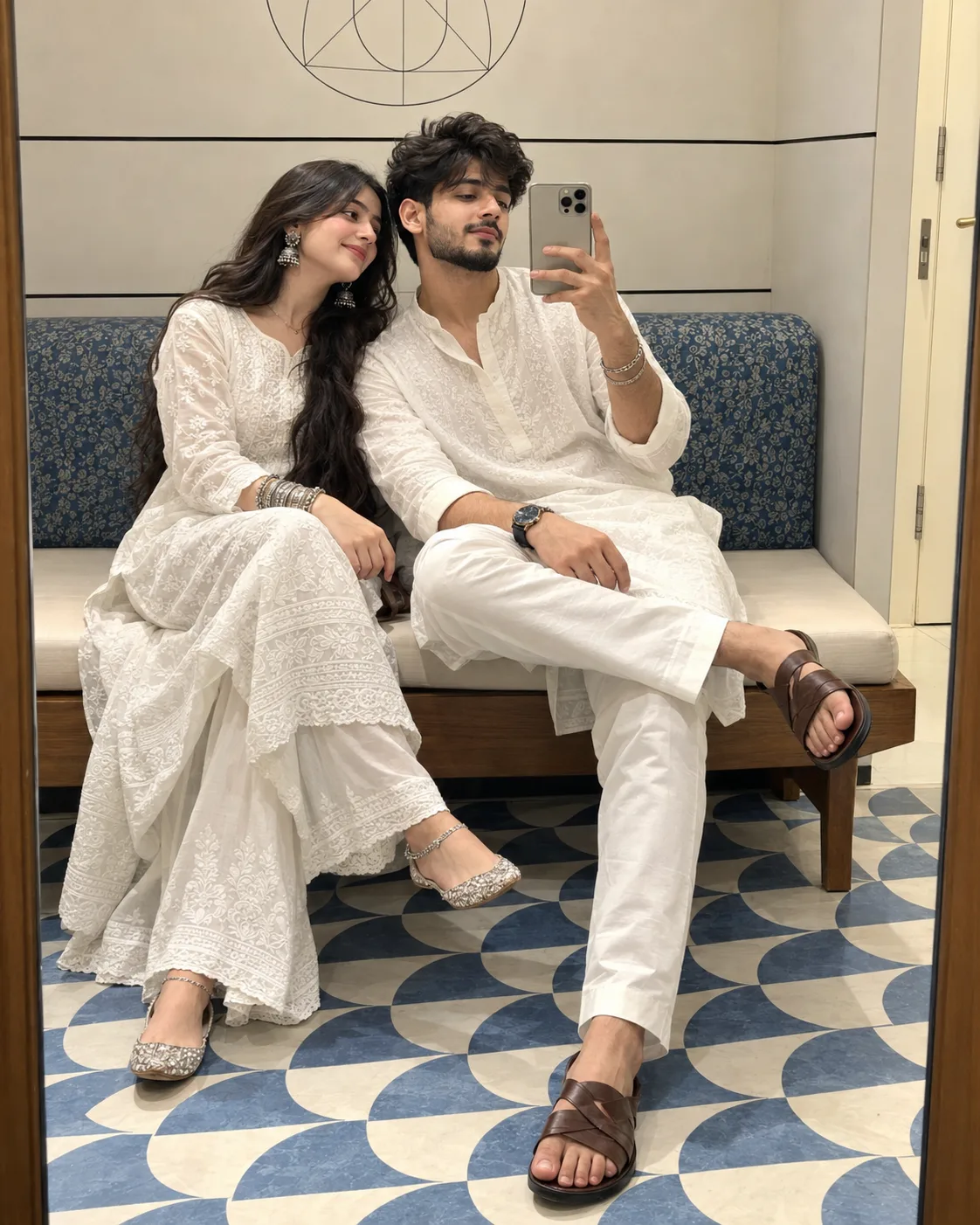 Ultra realistic cinematic couple mirror selfie portrait