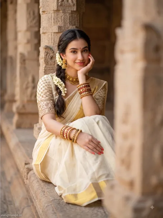 Sandstone Pillar Seated Onam Kasavu Saree AI Prompts