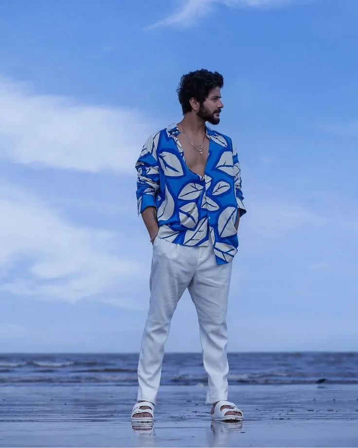 Men’s Beach Fashion Outfit | Blue Printed Shirt & White Pants | Summer Coastal Vibes