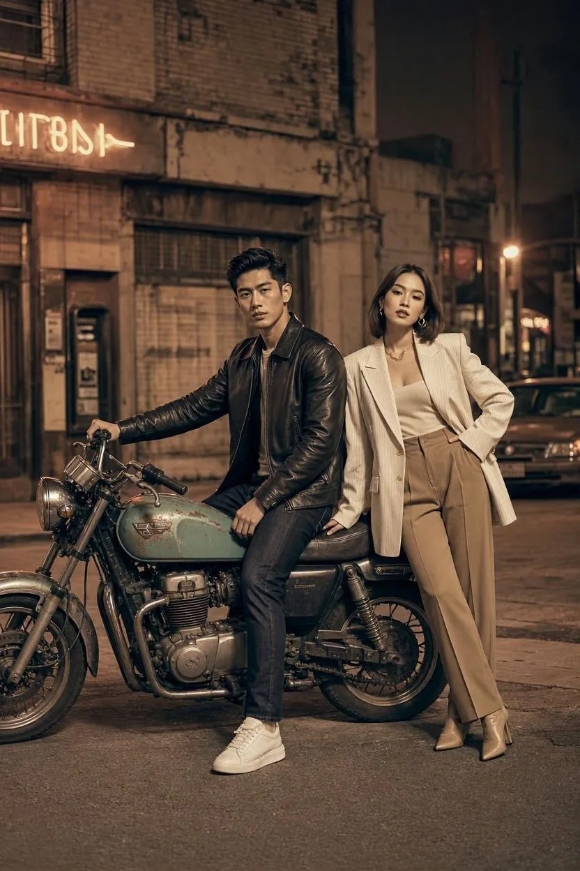 Midnight Neo-Noir: Modern Duo with a 1990s Vintage Motorcycle