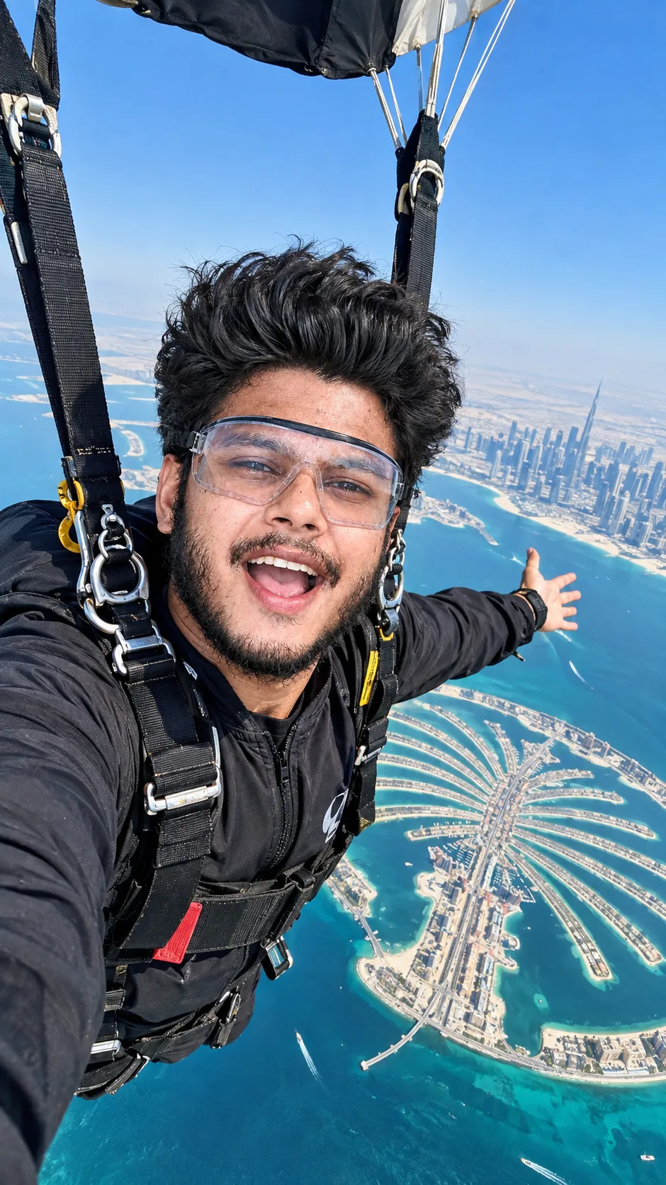 Excited Skydiver Selfie Over Palm Jumeirah Dubai