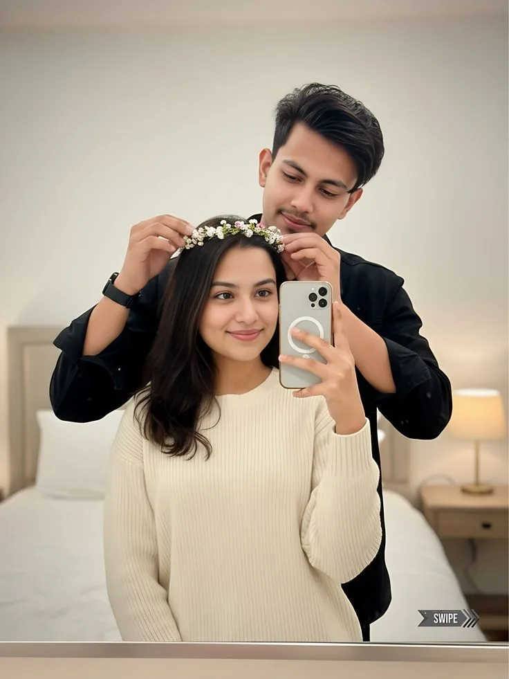 Romantic Indoor Mirror Selfie of Young Couple in Cozy Knitwear