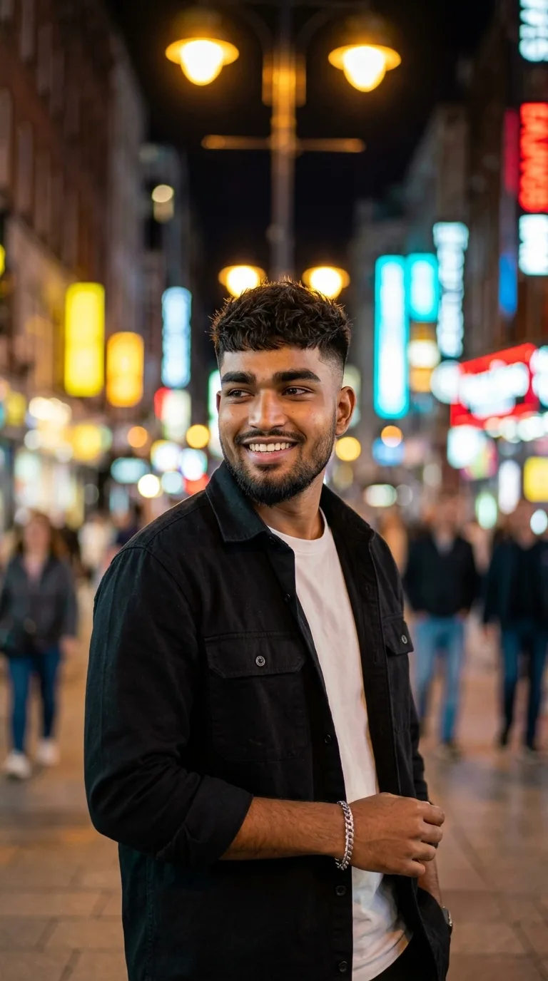 Candid Night City Bokeh Portrait, Confident Curly Hair Street Style, Charming Urban Nightlife Streetwear Aesthetic