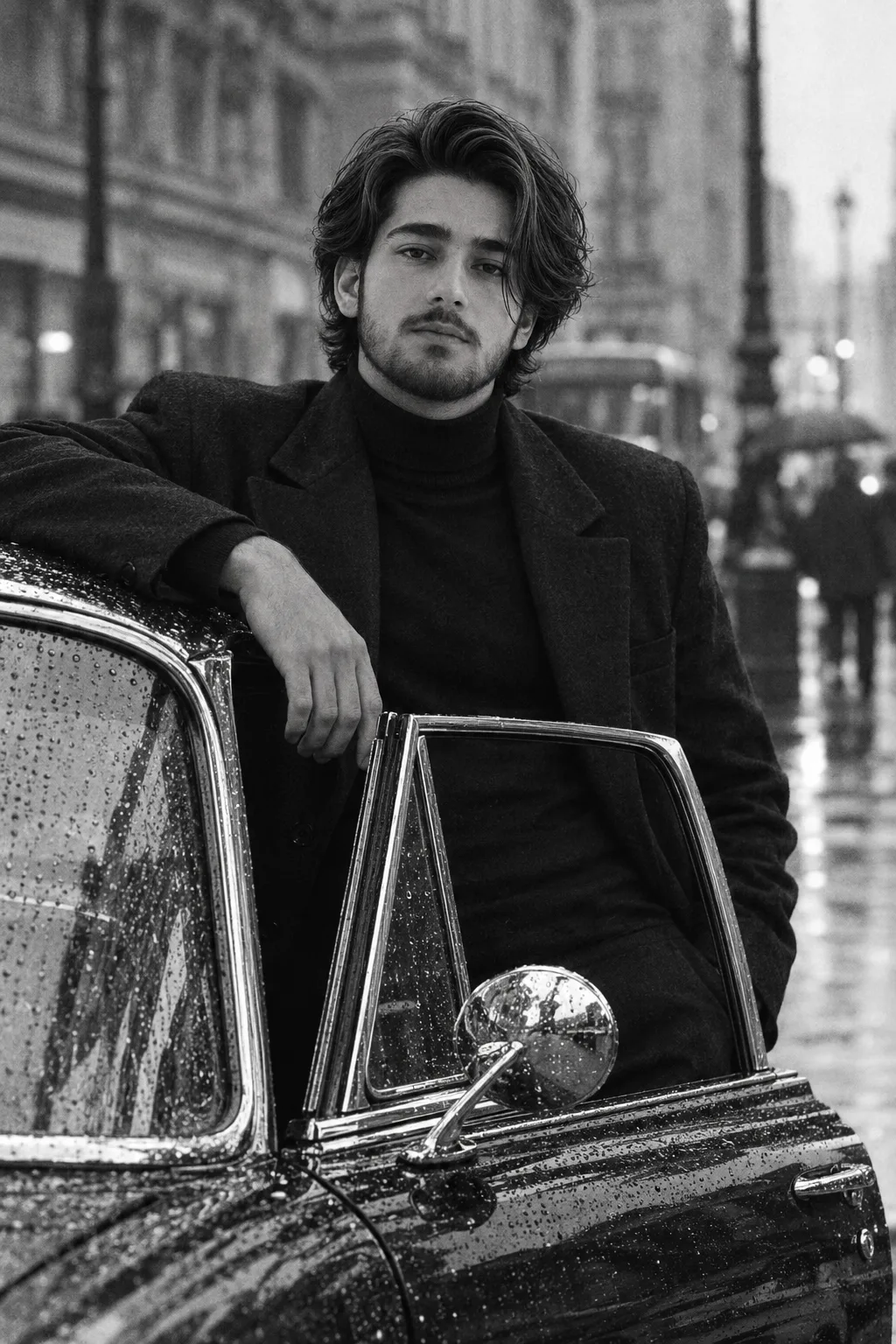 Rainy Noir Portrait by Vintage Car