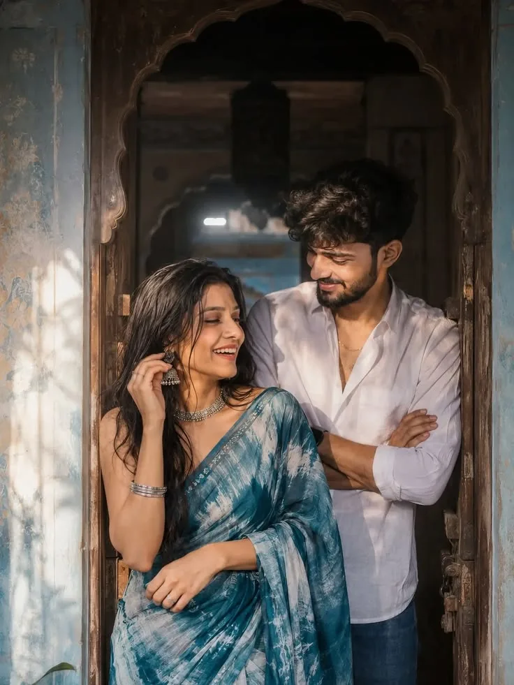 Candid Heritage Pre-Wedding Portrait of Young Indian Couple at Historic Doorway