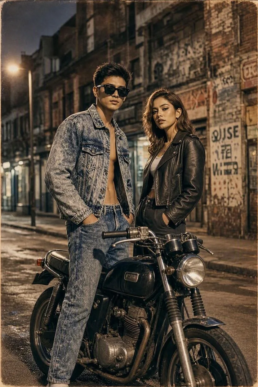 Retro Street Edge: Modern Grunge Duo with a 1990s Classic Motorcycle