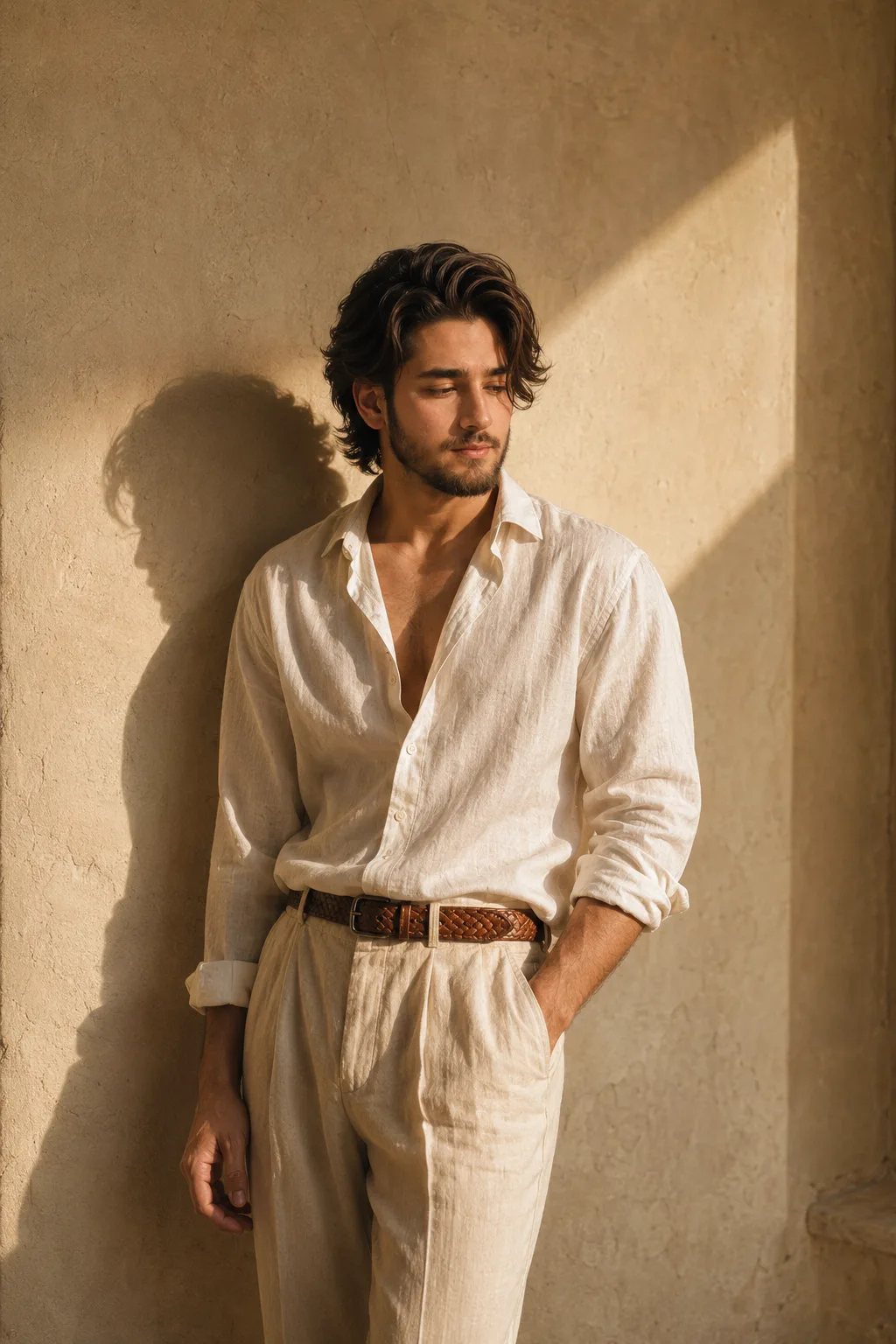 Sunlit Linen Portrait Against Plaster