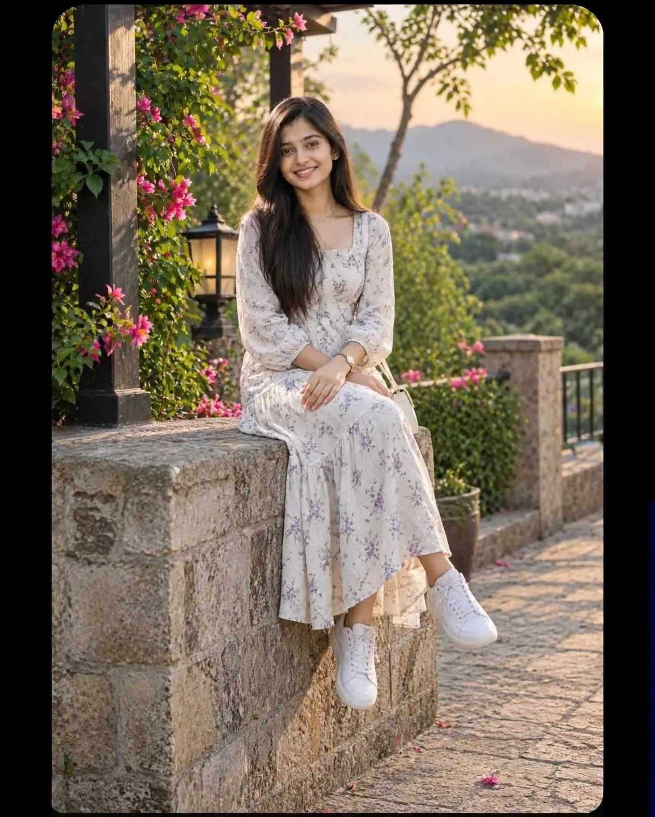 Golden Hour Floral Dress - Sunset Terrace Aesthetic Portrait