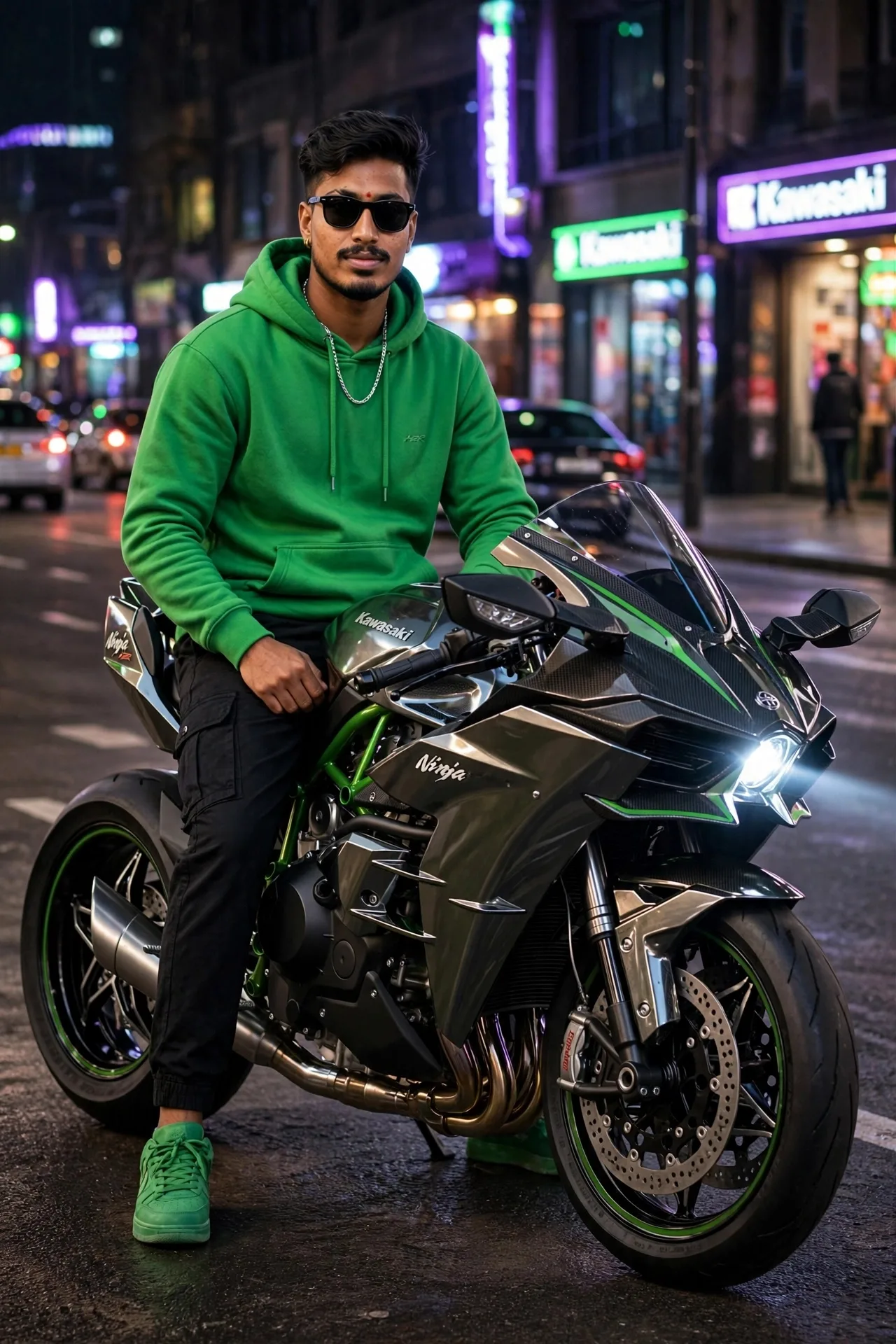 Bright green hoodie, black cargo pants, green sneakers, green Kawasaki Ninja H2R - full neon city night vibe, ಆದ್ರೆ bike