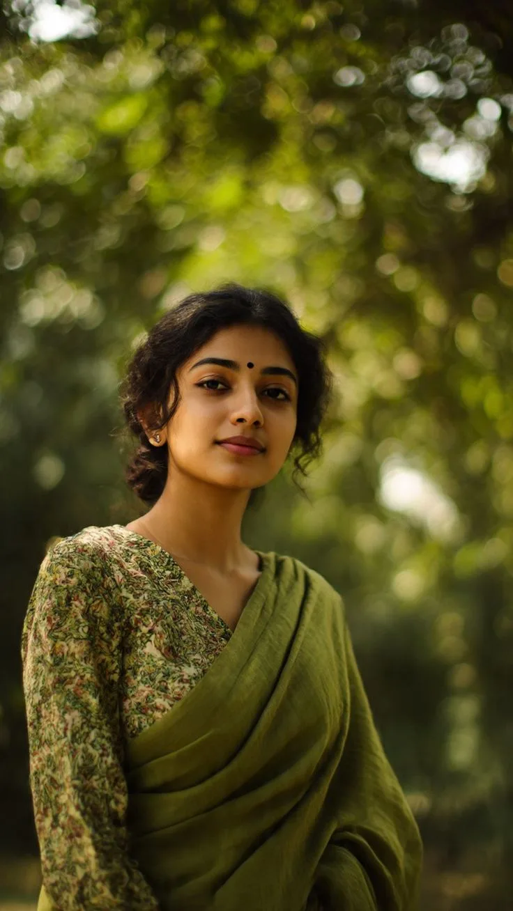 Serene Olive Green Sari Portrait in a Lush Forest