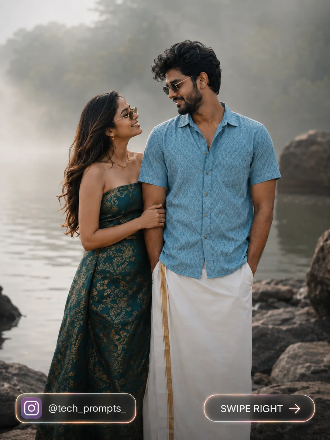 south indian couple by misty lake portrait