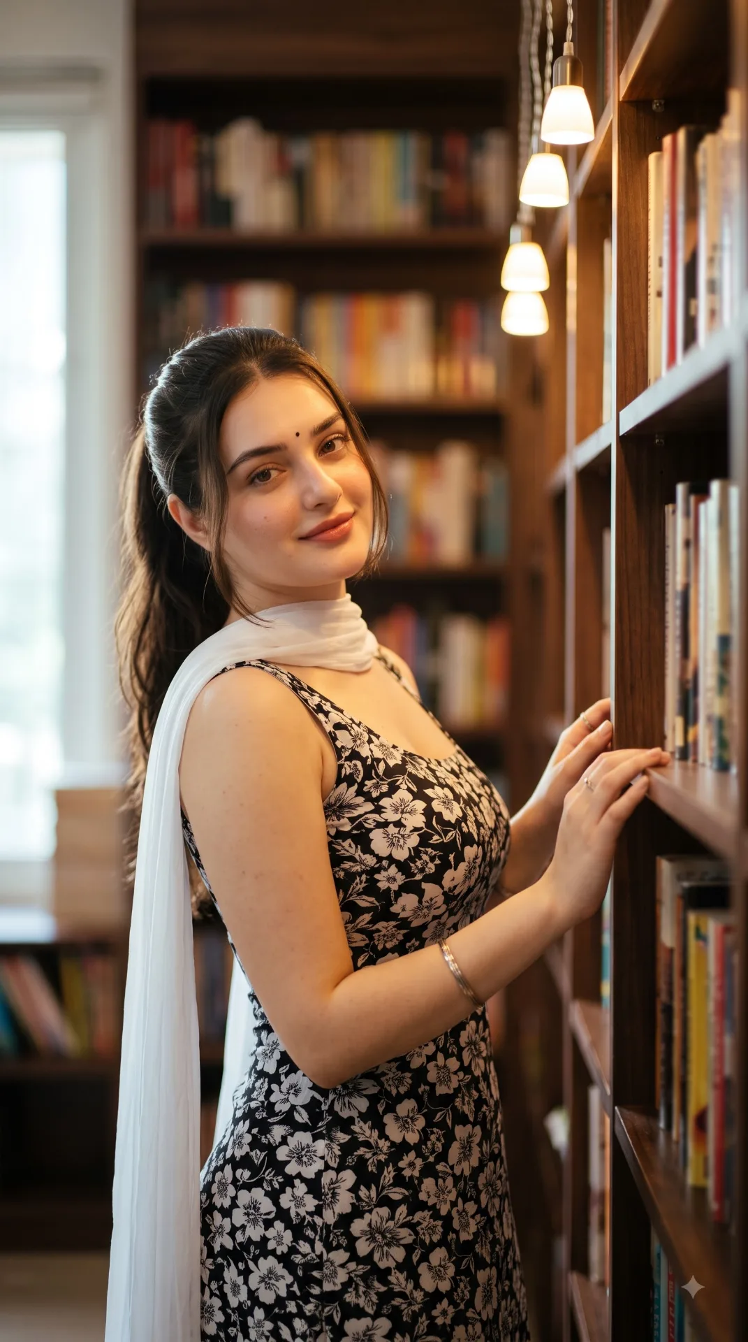 "Cozy Bookstore Corner Editorial Portrait"