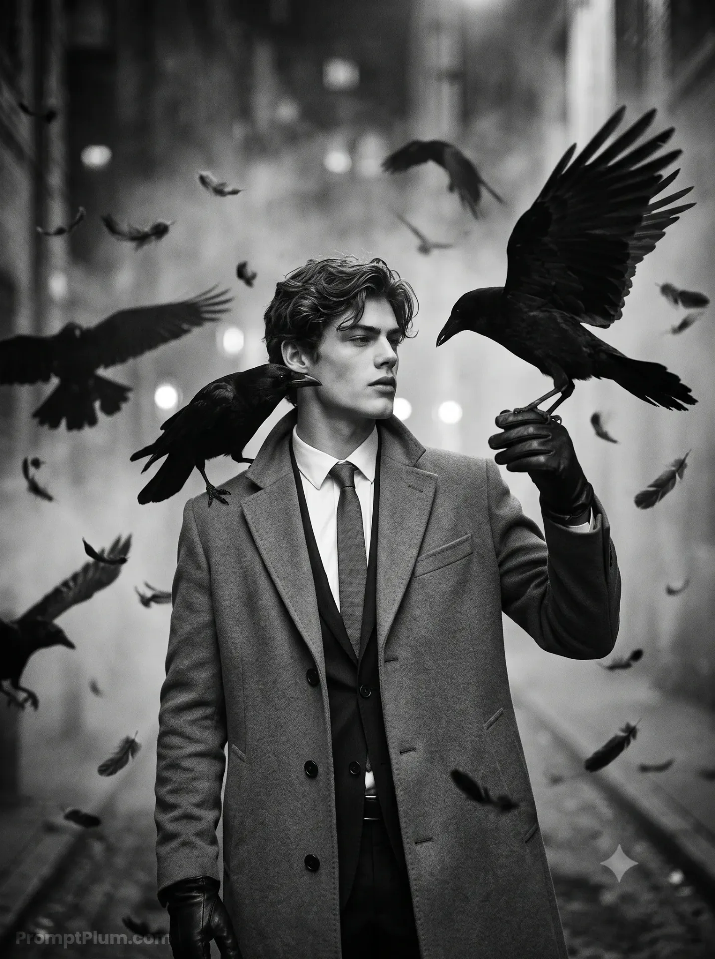 B&W Noir Portrait with Swirling Crows