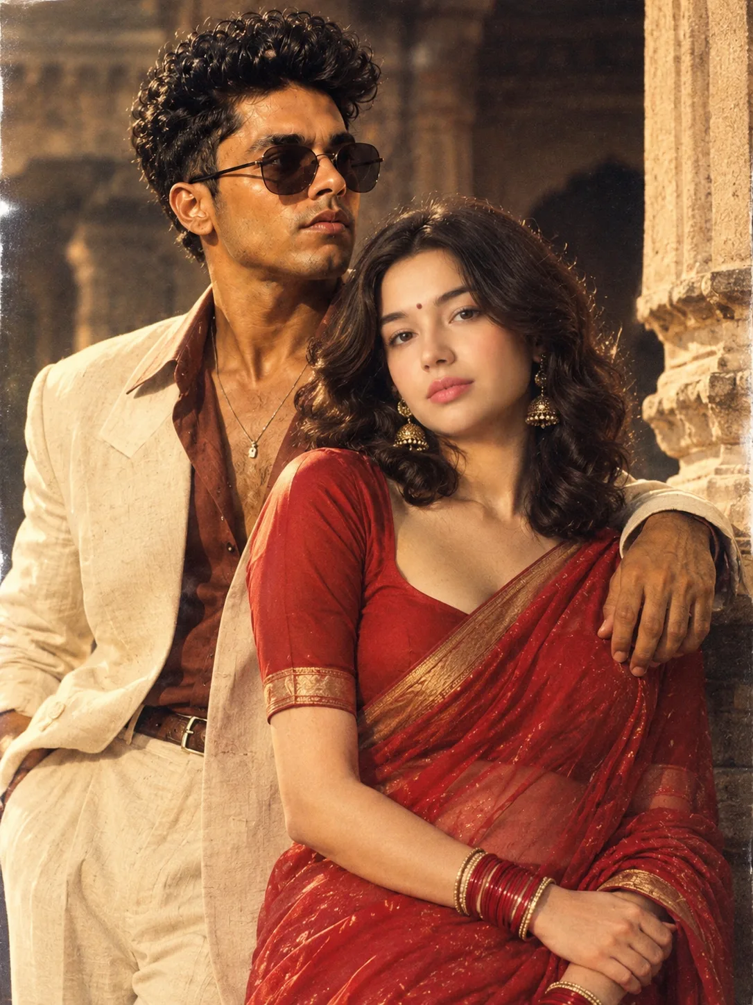 Create an ultra realistic cinematic 1980s bollywood romantic
