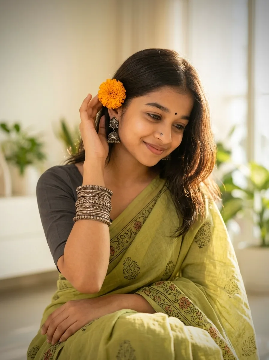 Graceful Indian Woman with Marigold Hair Accessory in Olive Green Saree Prompt