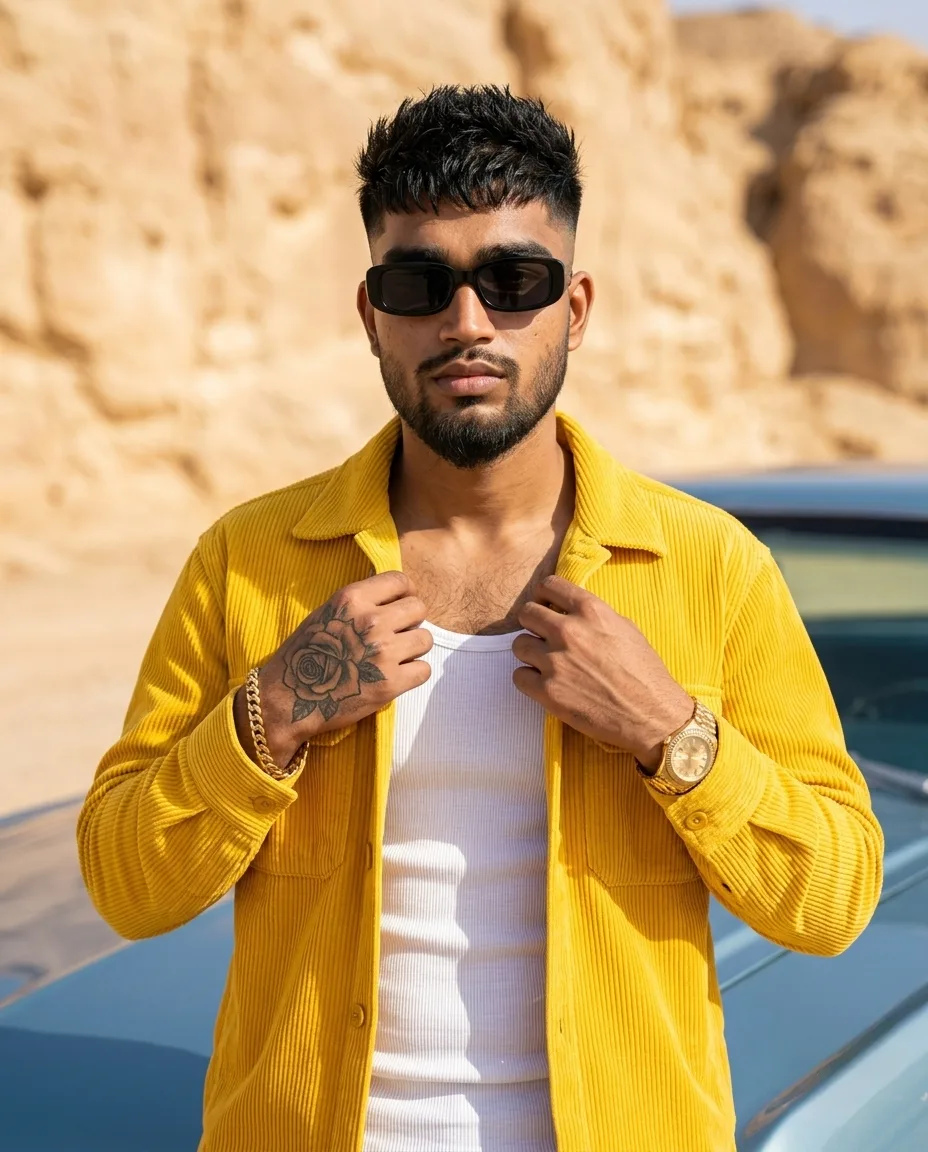 Desert Canyon Male Portrait in Mustard Yellow Corduroy Shirt by Vintage Car Prompt